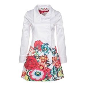 Desigual White Floral Print Trench Coat